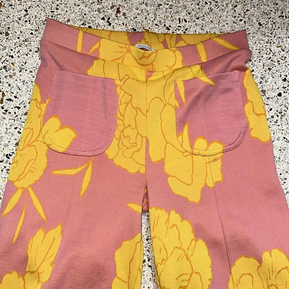 Zara pink yellow floral retro 60’s pull on pants high rise medium m - Picture 3 of 7
